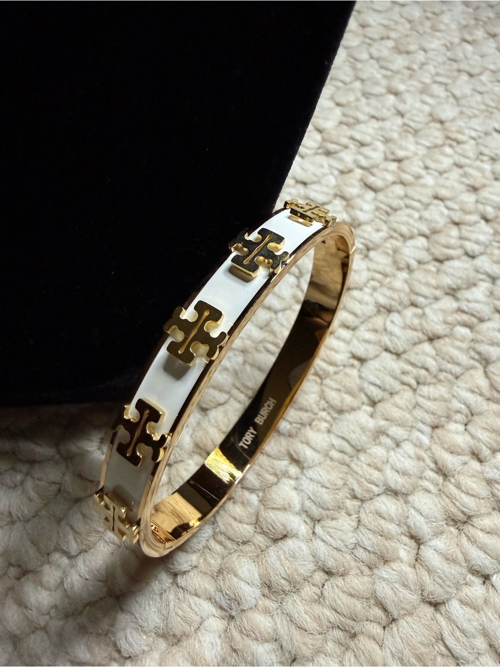 Fashion Jewelry Gold and White Logo Accent Hinged Bangle